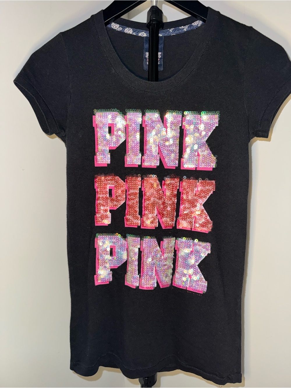 Victoria's Secret PINK Black Tee with Iridescent & Hot Pink Sequin Logos